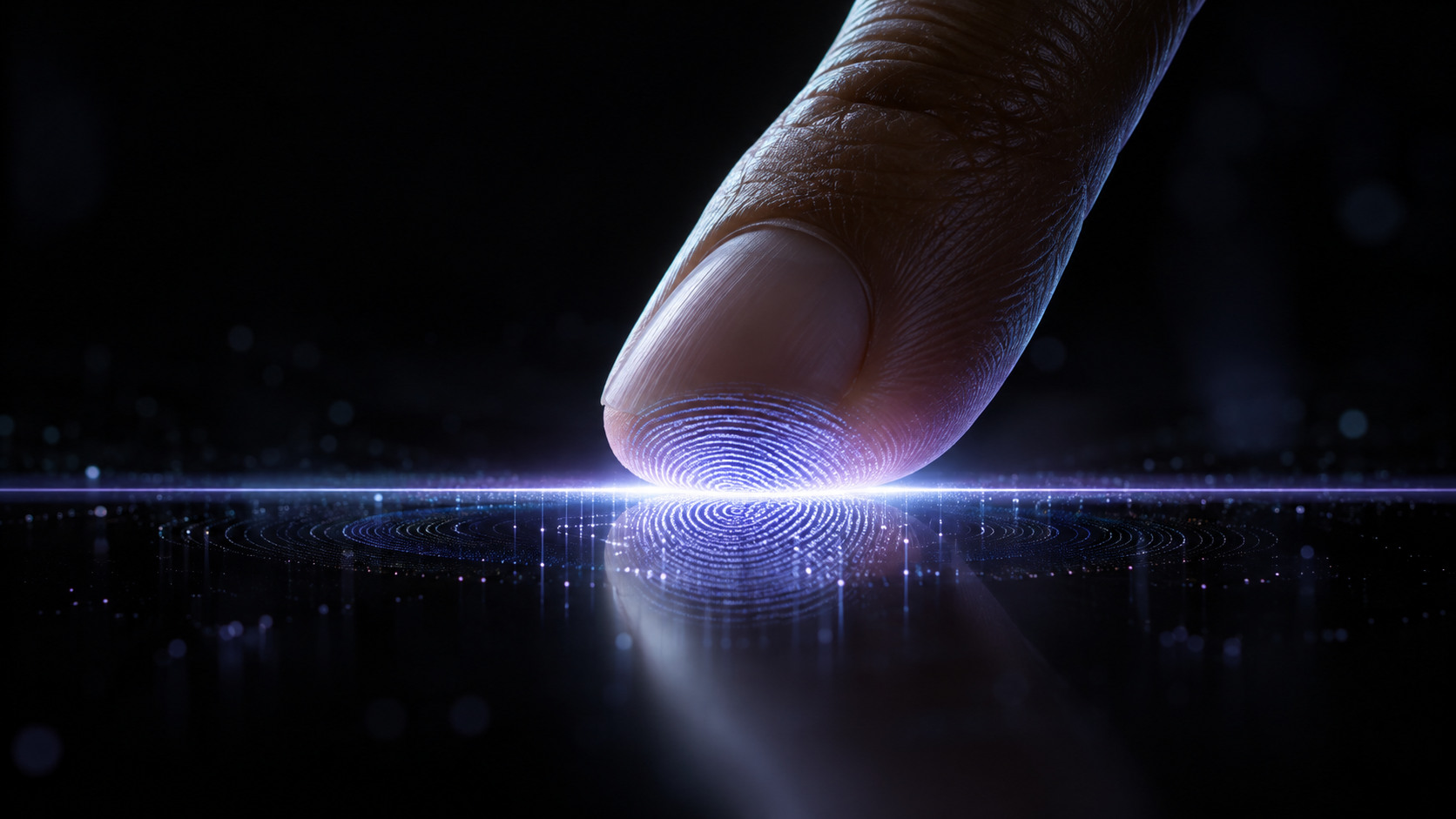 A fingertip meeting a thin plane of light to reveal a secure biometric fingerprint