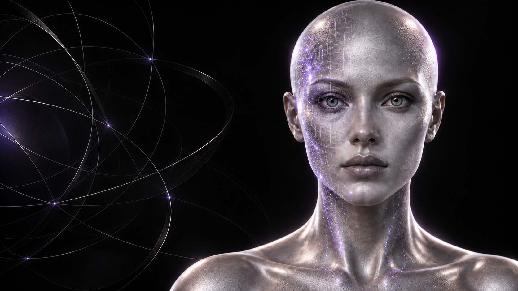 A silver mannequin looking directly at the viewer through a violet biometric mesh and orbital identity field
