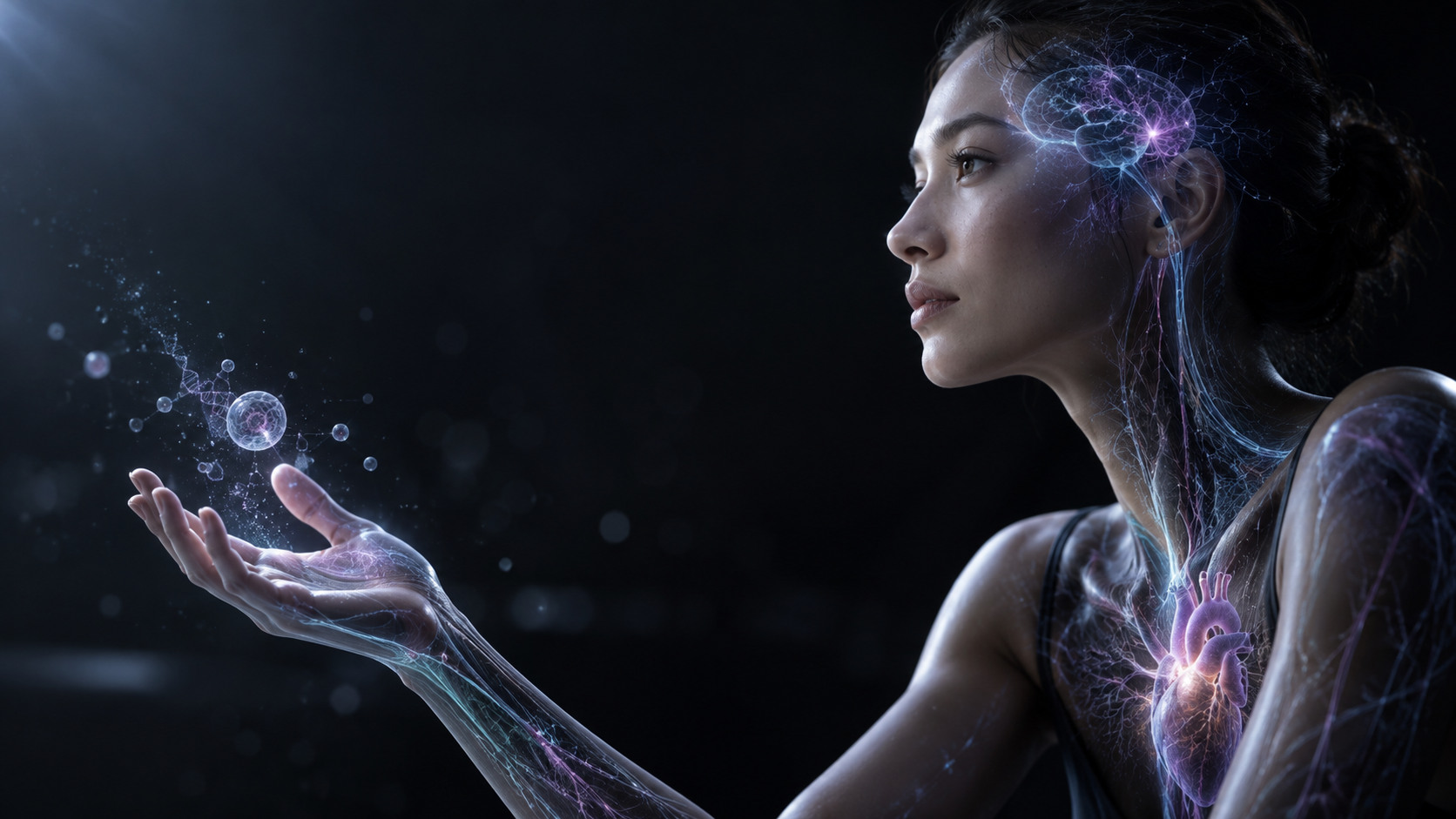 A human profile with restrained neural, cellular and cardiovascular light representing personal health intelligence