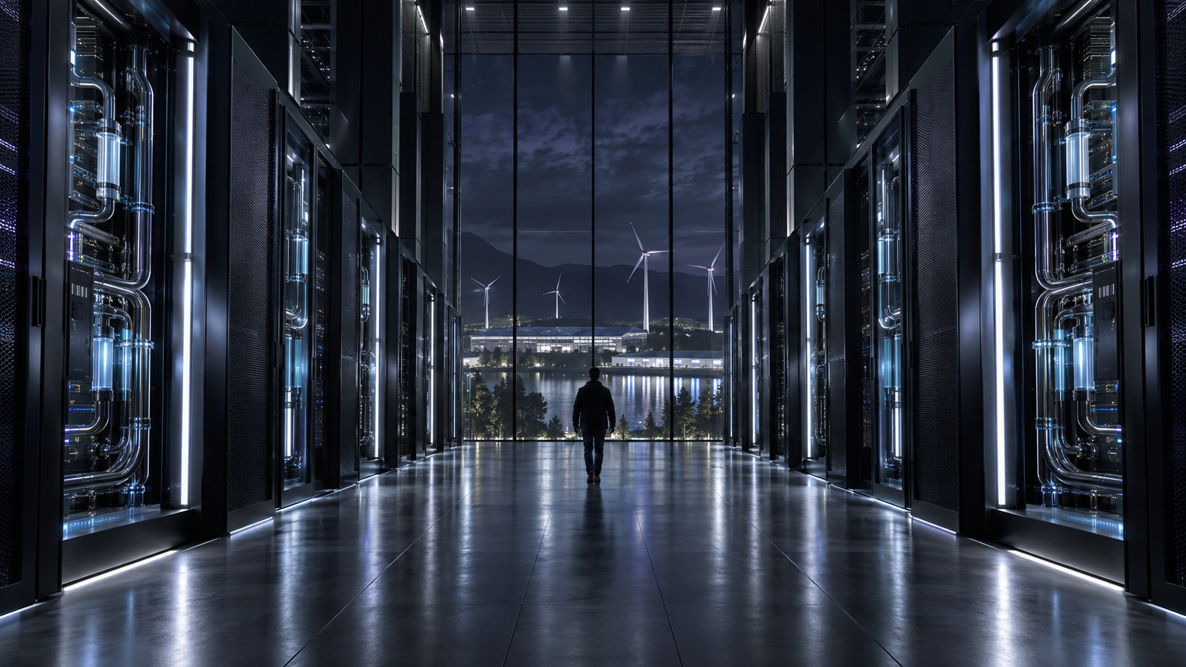 A person walking through a next-generation liquid-cooled data centre overlooking renewable energy infrastructure